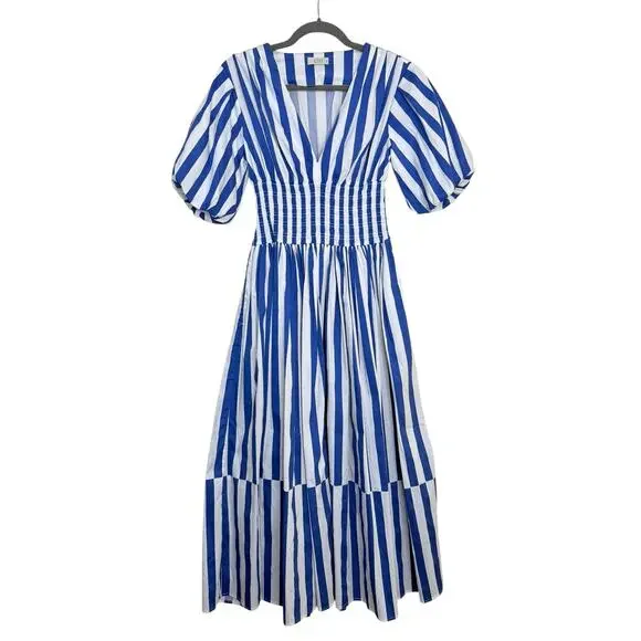 NEW AYR Extra Extra Maxi Dress Marais Blue Regatta Stripe Size XS Puff Sleeve - Picture 2 of 6